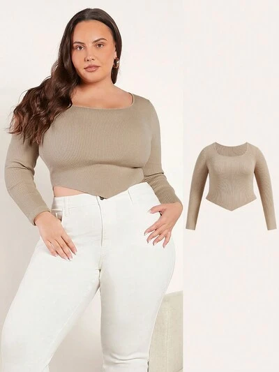 Plus Solid Scoop Neck Hanky Hem Crop Sweater