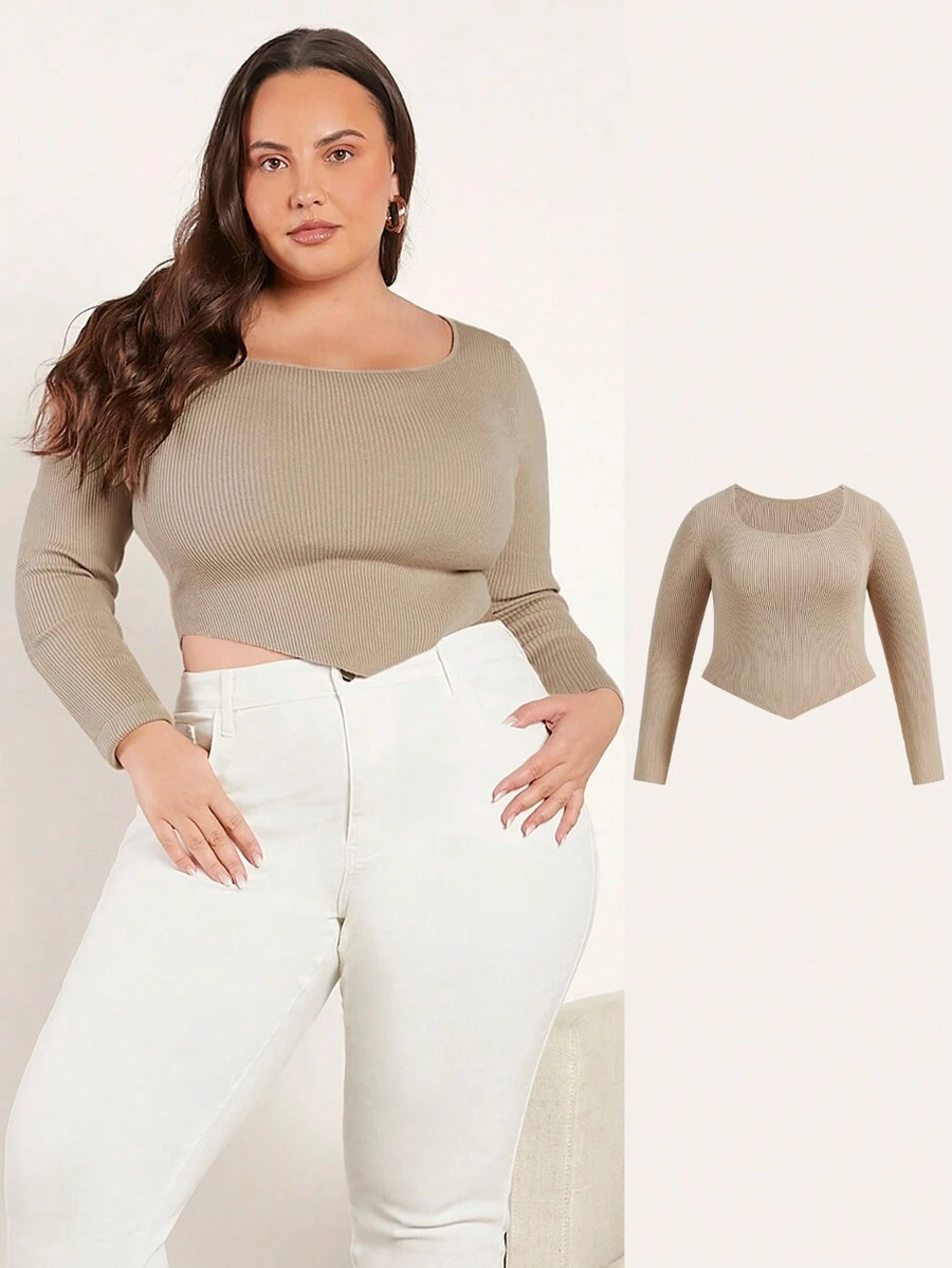SHEIN BASICS Hơn Chất rắn Scoop Cổ Viền khăn tay Áo len Crop - Màu be - Xem 1