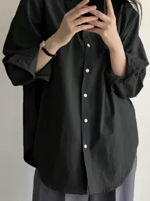 DAZY Solid Drop Shoulder Oversized Shirt,Long Sleeve Tops,Fall Clothes - Black - View 3