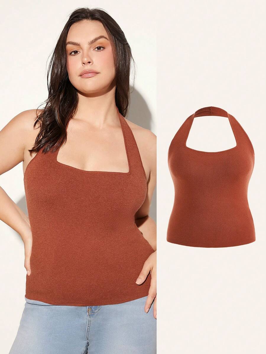 SHEIN BASICS 大碼素色吊脖針織上衣 - 鏽棕色 - 查看 1