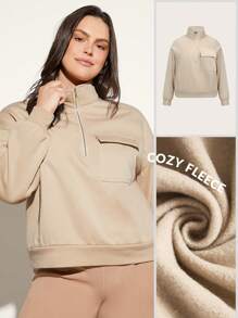 SHEIN BASICS 大碼舒適搖粒絨翻蓋口袋落肩袖運動衫 - 杏色 - 查看 8