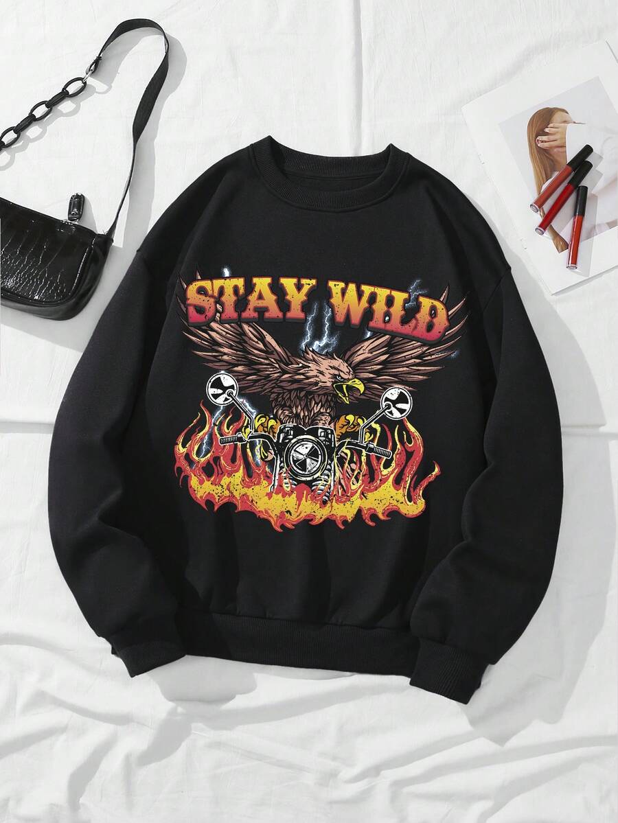 SHEIN EZwear Đồ họa đại bàng và chữ cái Lót nhiệt Áo nỉ - màu đen - Xem 1