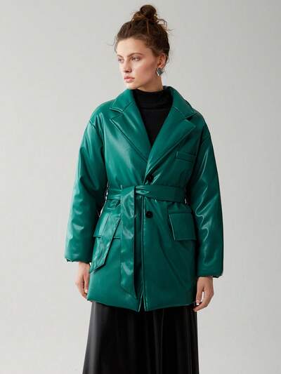 Flap Pocket Belted PU Leather Padded Coat