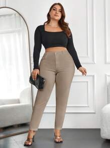 RueChic Plus Size High Waisted Skinny Jeans - Beige - View 4