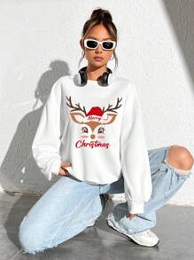 SHEIN EZwear 寬鬆休閒女士印花運動衫，簡約卡通印花，適用於秋冬季 - 白色 - 查看 4