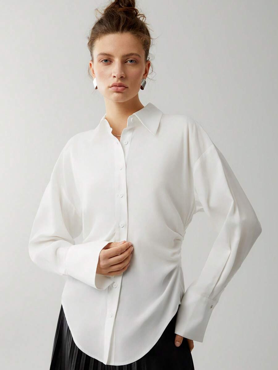 Solid Ruched Button Front Drop Shoulder Shirt Fall Cloth For Women - White - View 1