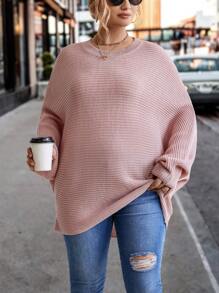 SHEIN LUNE Plus Batwing Sleeve Ribbed Knit Sweater - Pink - View 6