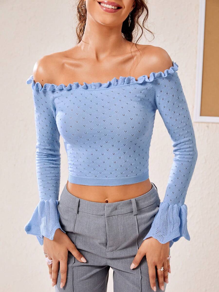 SHEIN MOD Off Shoulder Frill Trim Flare Sleeve Crop Sweater - Blue - View 1