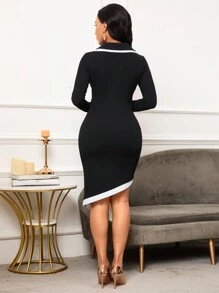 SHEIN Lady Contrast Trim Asymmetrical Hem Bodycon Dress - Black and White - View 2
