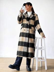 SHEIN EZwear 格紋長毛呢外套 - 彩色 - 查看 7