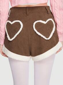 ROMWE 可愛的心形羊毛灰絨日本風kawaii女性短褲 - 棕色 - 查看 6