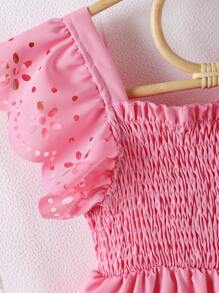 SHEIN Chica Joven Vestido con abertura láser ribete con fruncido - Rosa - Ver 5