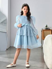 SHEIN 女大童網紗拼接泡泡袖繫腰帶洋裝 - 粉色 - 查看 6