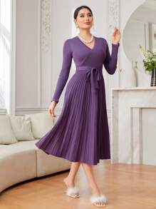 Modelyn Surplice Neck Belted Sweater Dress - Purple - View 4