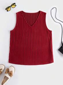 SHEIN LUNE Hơn Chất rắn Đồ đan Ribbed Áo ba lỗ - Màu Đỏ Sâu - Xem 1