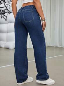 SHEIN ICON Drop Waist Straight Leg Jeans - Dark Wash - View 2