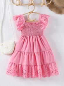 SHEIN Chica Joven Vestido con abertura láser ribete con fruncido - Rosa - Ver 1