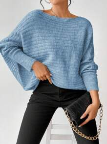 SHEIN LUNE Boat Neck Batwing Sleeve Sweater Knit Pullover Fall Winter Outfit - Blue - View 5