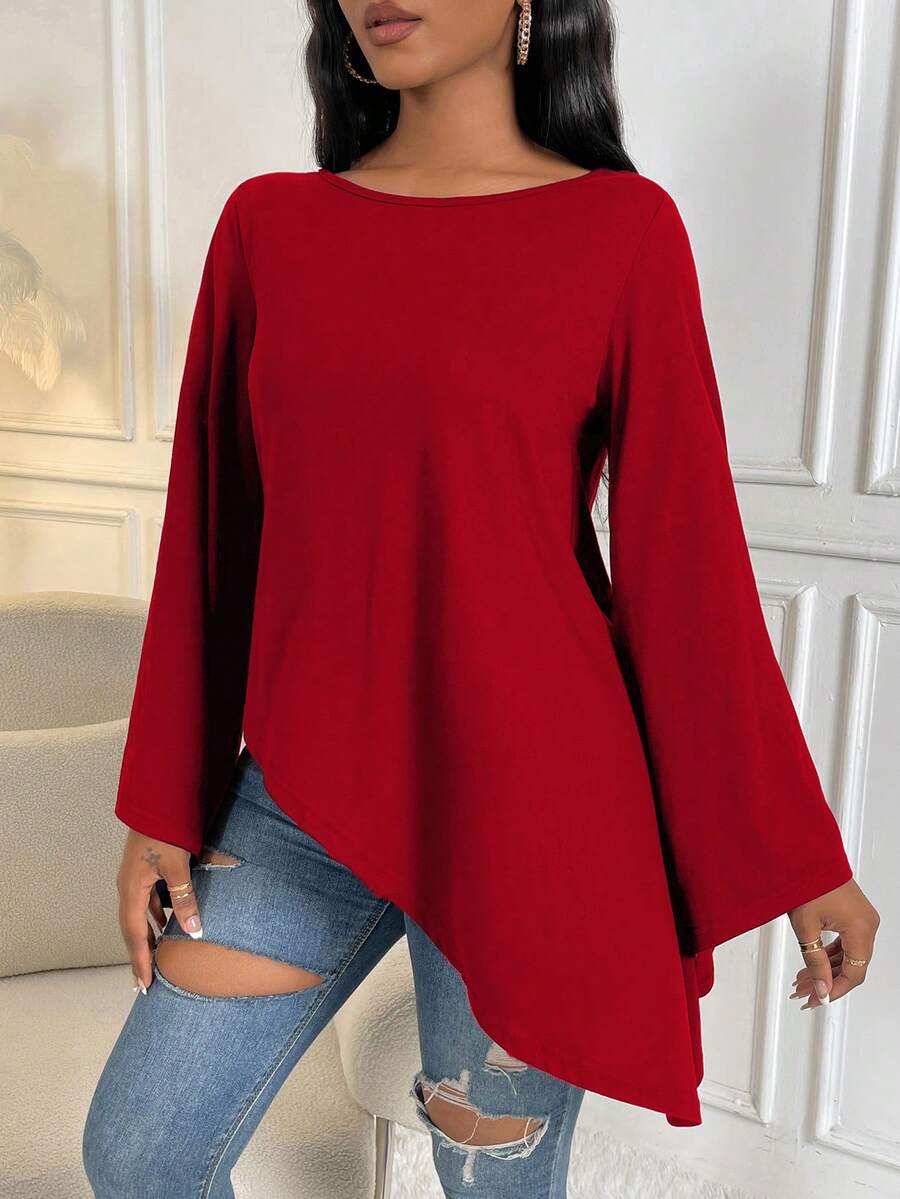 SHEIN Lady 素色喇叭袖不對稱下擺T恤 - 紅色 - 查看 1