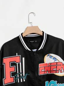 SHEIN EZwear Plus Letter Graphic Striped Trim Drop Shoulder Bomber Jacket - Black - View 3