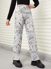 Teen Girl Floral & Slogan Graphic Straight Leg Pants