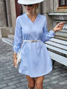 GENKIRA Floral Embroidery Roll Tab Sleeve Dress Without Belt - Biru - View 4