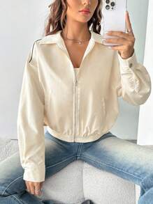 SHEIN EZwear Dây kéo Thả vai Áo khoác - Màu be - Xem 1