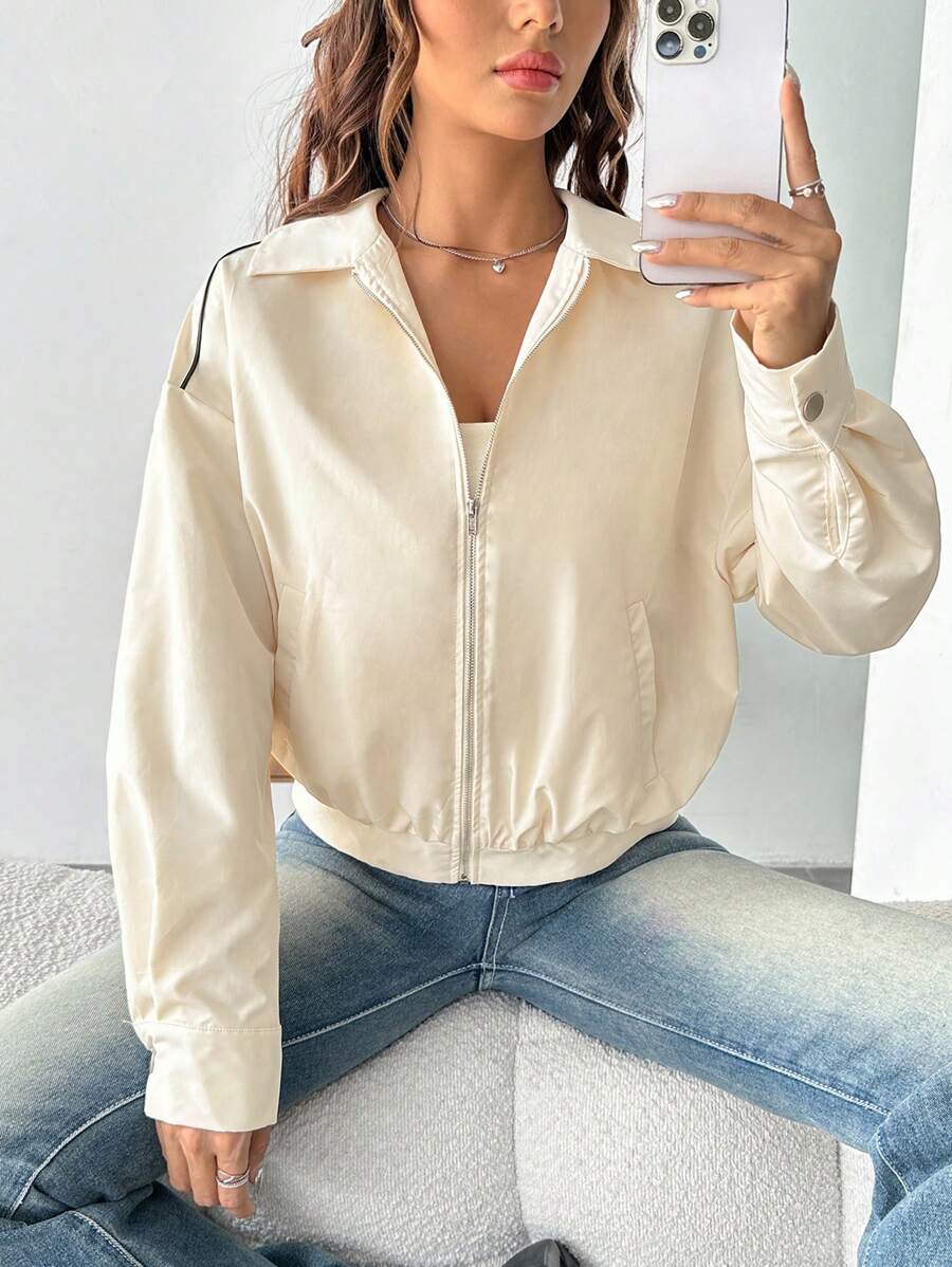 SHEIN EZwear Dây kéo Thả vai Áo khoác - Màu be - Xem 1