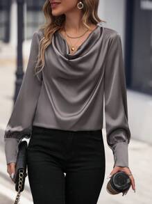 SHEIN Clasi cổ áo xếp nếp Xa ten Áo sơ mi - Xám - Xem 4