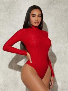 SHEIN SXY Solid Mock Neck Bodysuit - Red - View 1