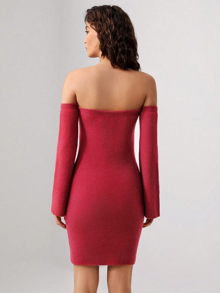 Designer Off Shoulder Flare Sleeve Bodycon Elegant Sweater Dress Outfit, For Holiday, Party, Vacation, Birthday Outfits, Festival, Ibiza Fits, Wedding, Prom Dress