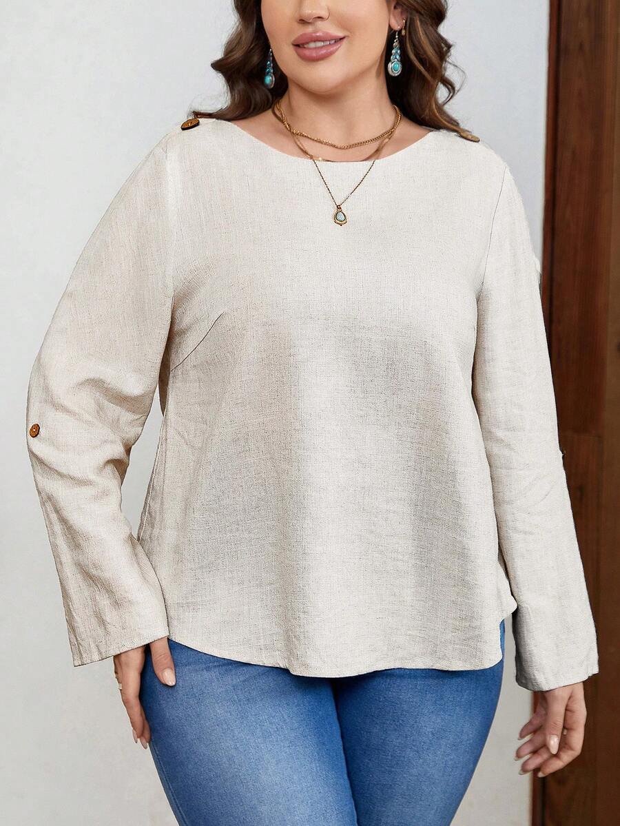 EMERY ROSE 大碼紐扣細節捲邊袖襯衫 - 杏色 - 查看 1