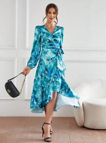 SHEIN Privé Allover Floral Print Lantern Sleeve Knot Side Wrap Dress - Multicolor - View 3