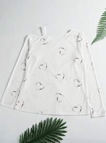 Heart Print Asymmetrical Neck Tee - White - View 2