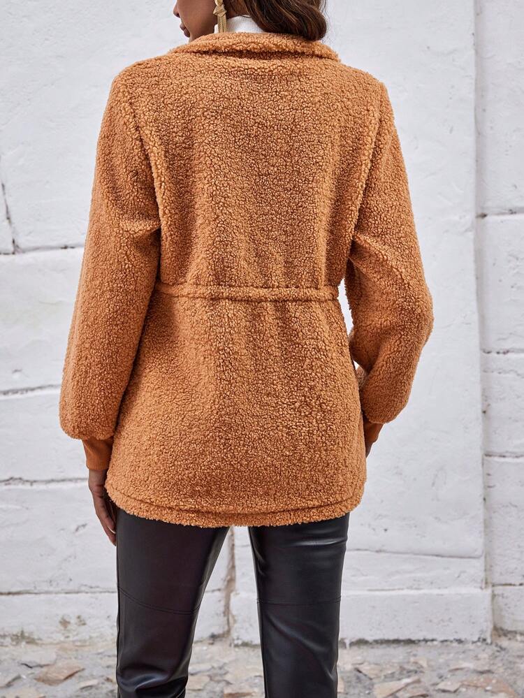 Drawstring Waist Zip Up Teddy Coat