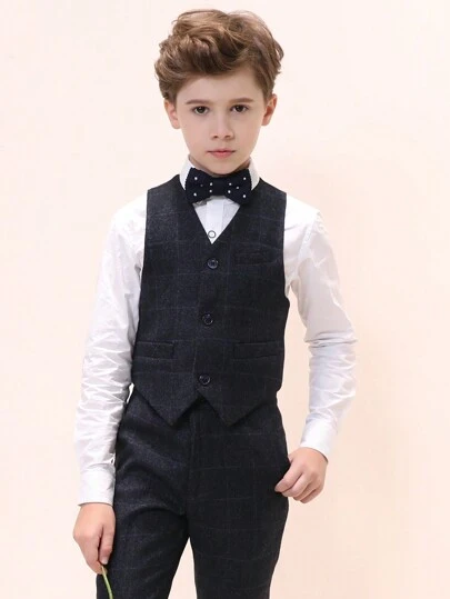Tween Boy Grid Print Waistcoat & Vest Blazer & Pants