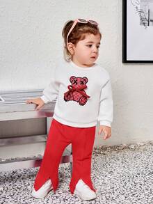 SHEIN Baby Girl Bear Print Sweatshirt & Split Hem Flare Leg Pants - Red - View 6
