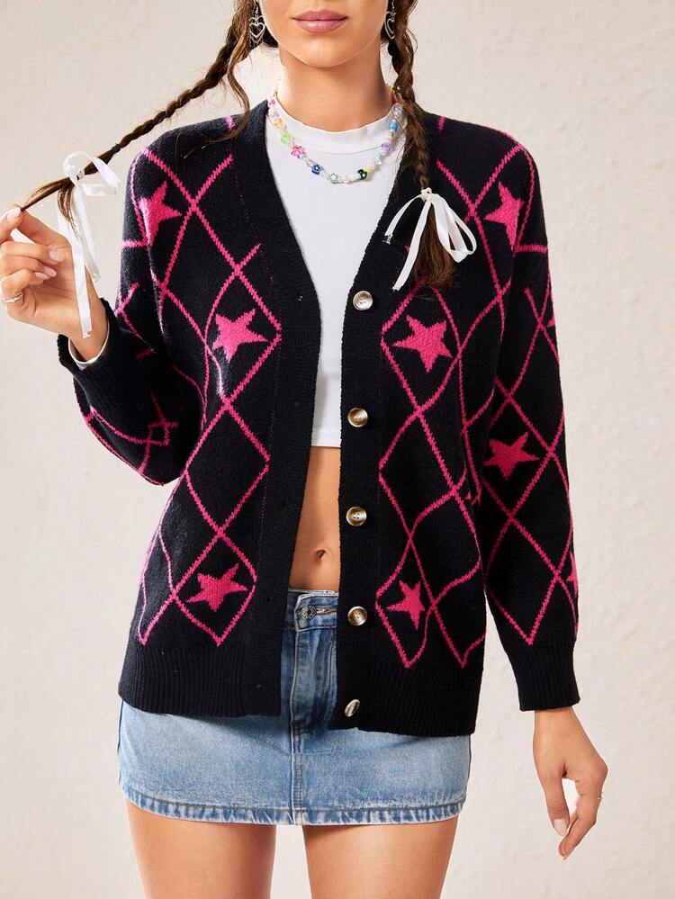 Argyle & Star Pattern Drop Shoulder Cardigan