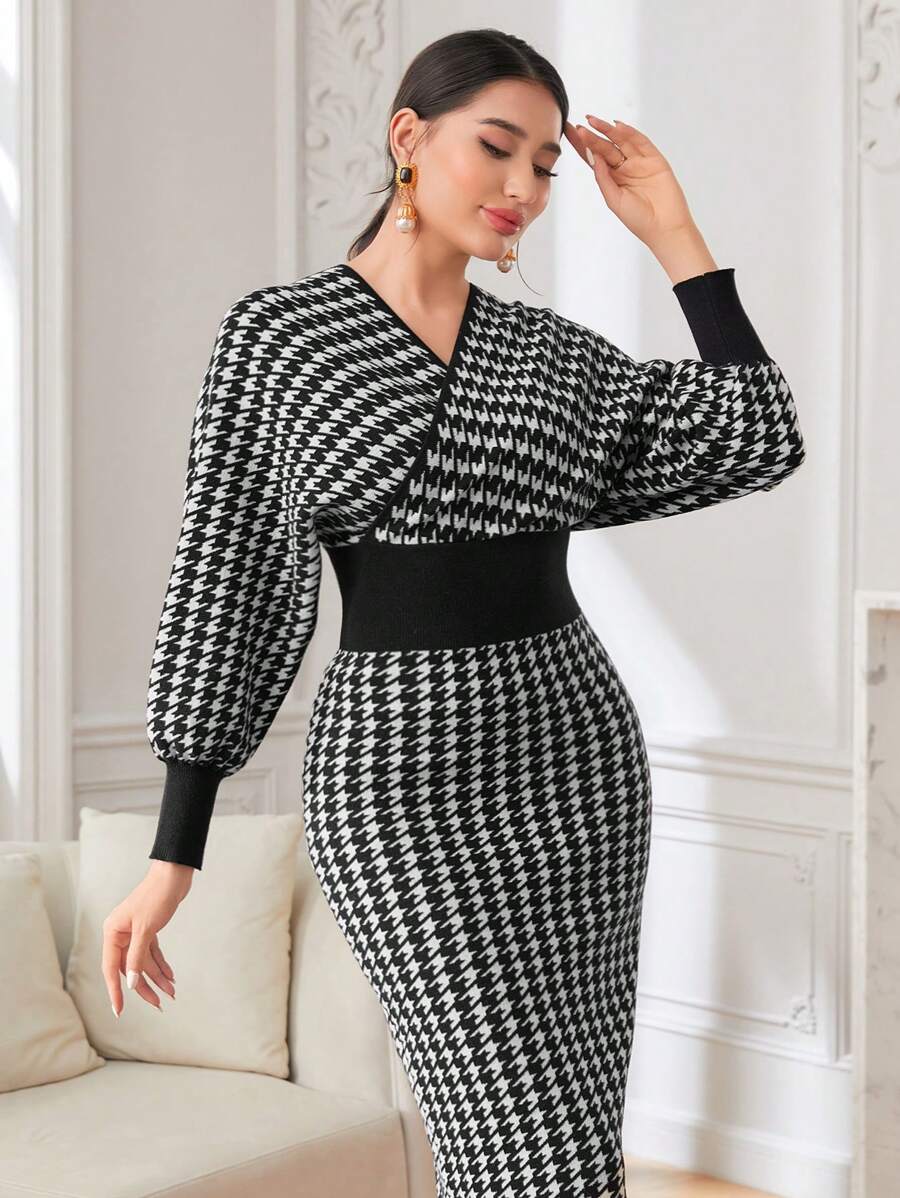 Modelyn Houndstooth Pattern Batwing Sleeve Wrap Sweater Dress - Black - View 1