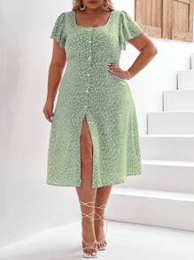 SHEIN Frenchy 大碼愛心圖案前紐扣洋裝 - 綠色 - 查看 4