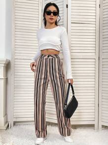 SHEIN Unity Striped Print Straight Leg Pants Fall Cloth For Women - Brown - View 3