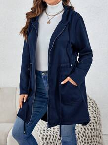 SHEIN LUNE Große Größe Mantel mit Kapuze, Zwei Taschen, Tunnelzug, Reißverschluss,