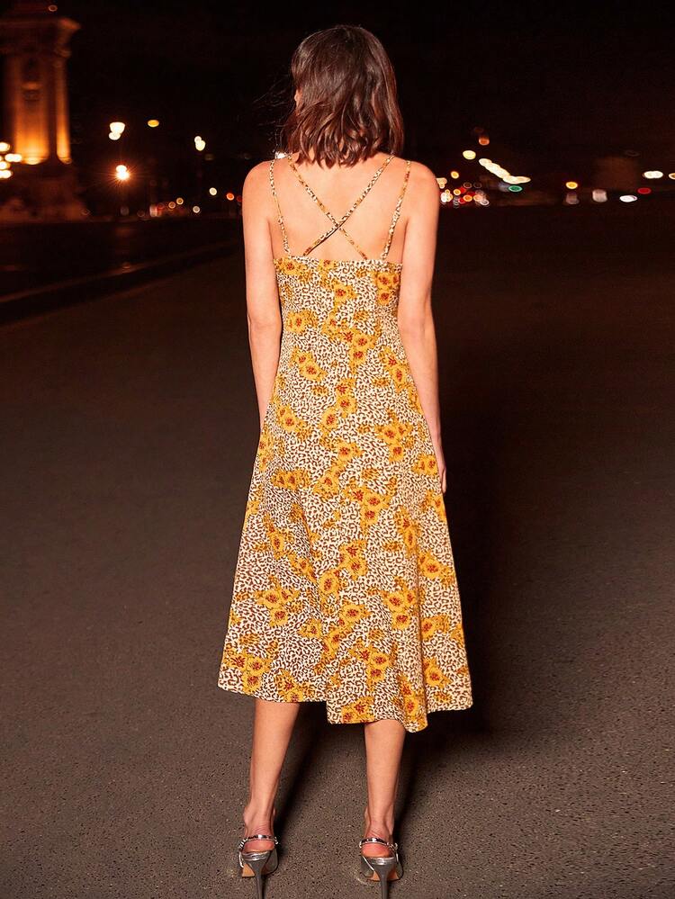 SHEIN Frenchy Vestido de tirantes floral & con estampado de leopardo - Amarillo - Ver 6
