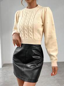 SHEIN Privé Ngọc trai đính cườm Xoắn Dan Ống tay áo Áo len Crop - Màu be - Xem 4