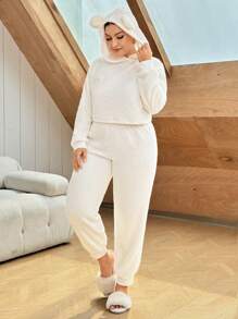 SHEIN Essnce Hơn Tai 3D Trang trí Mùa vụ Teddy Hoodie & Quần - trắng - Xem 6