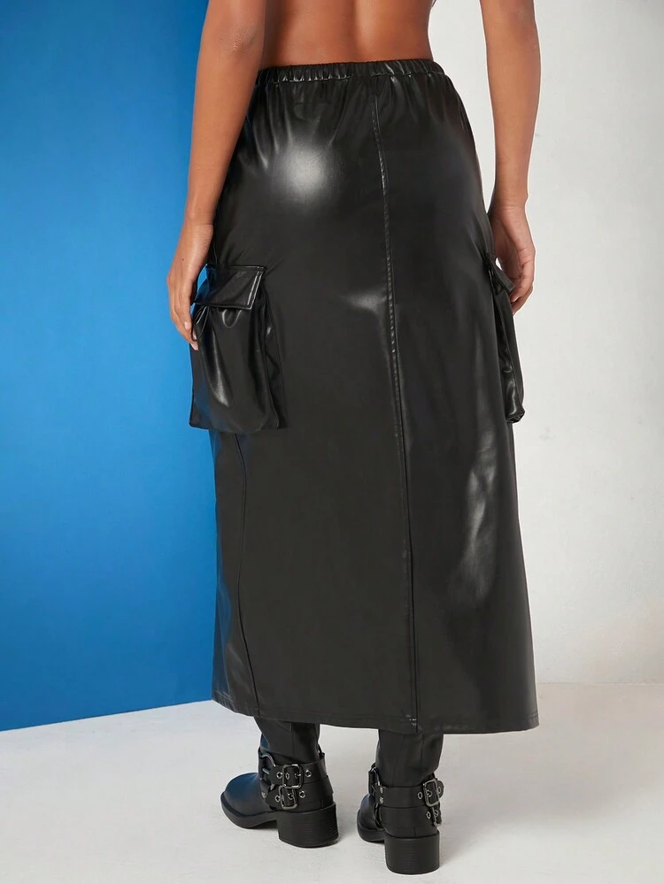 Split Front PU Leather Cargo Skirt