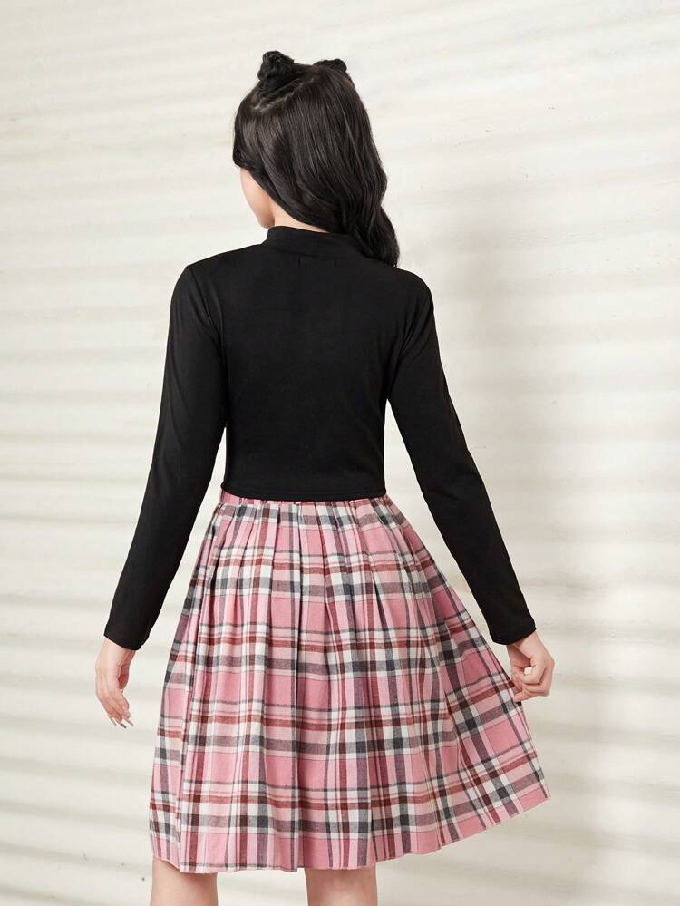 Teen Girls' Elegant Casual High Neck Crop Top & Plaid Mini Skirt Two Pieces Set