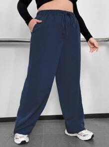 Flirla Talla grande Pantalones de pierna ancha de cintura con cordón - azul real - Ver 4