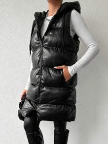 EURMUSE Zip Up Hooded Puffer Vest Coat - Black - View 4