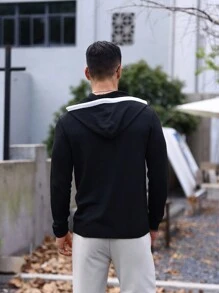 Manfinity Homme Men Contrast Trim Button Detail Hooded Sweater - Black - View 2